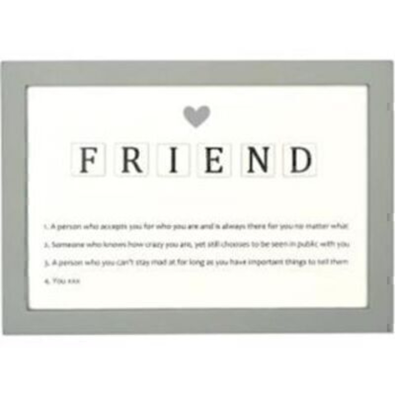 FAMILY Letter Tiles Definition Picture by Transomnia. Picture showing the definition of the word FRIEND with the word spelt out in a tile effect with a heart at the top. Humorous definitions listed under the word. Features a grey picture frame surrounding the sign. Size: 14 x 20 x 1.4cm